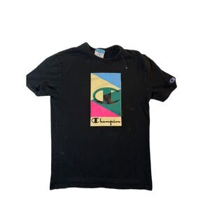 Vintage Champion Heritage TShirt Mens S Black Graphic Colorful Streetwear Y2K